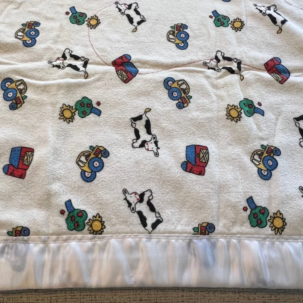 Vintage Gymboree Lil‎ Critter Baby Blanket Farm Cow Tractor Satin Trim 30x35
